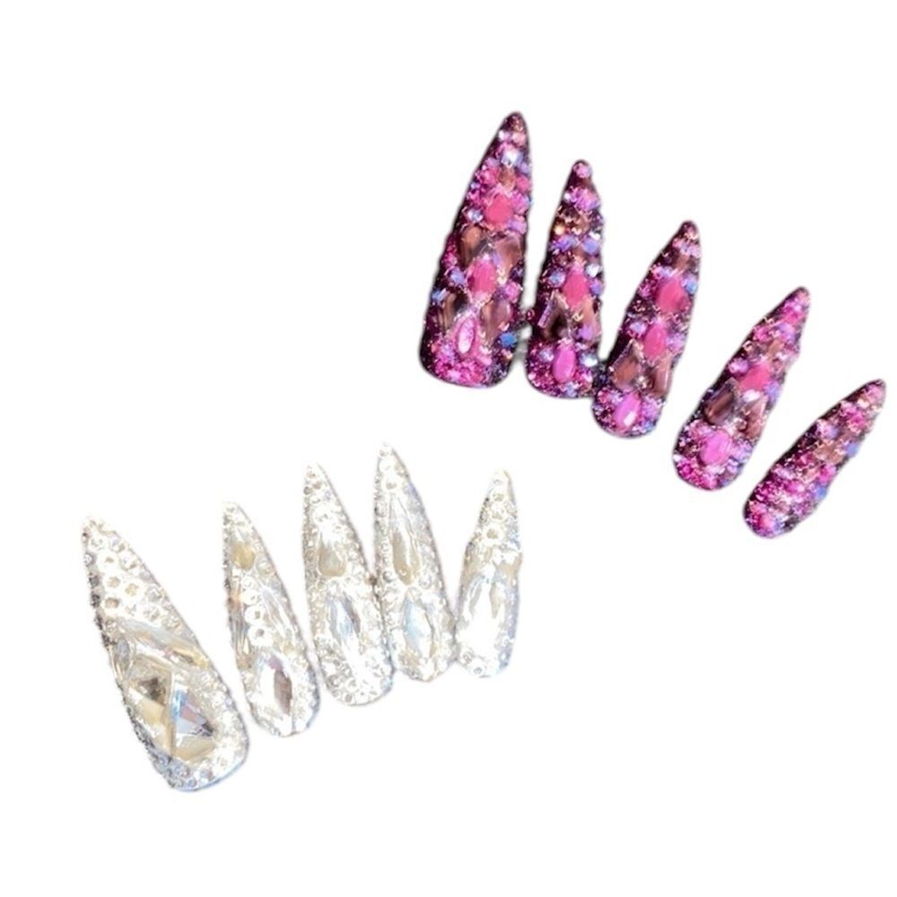 Swarovski Purple White Stone Pointed Designer Press Glue On Fancy Bling Nails‌‌‍